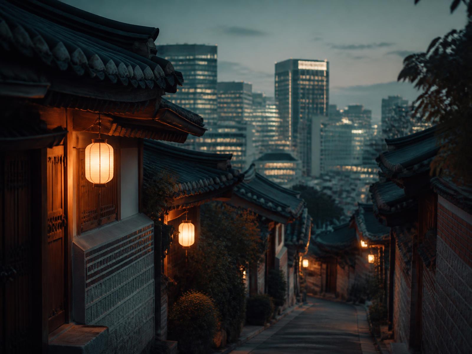 Callejón de hanoks en Seúl al atardecer con la ciudad moderna de fondo